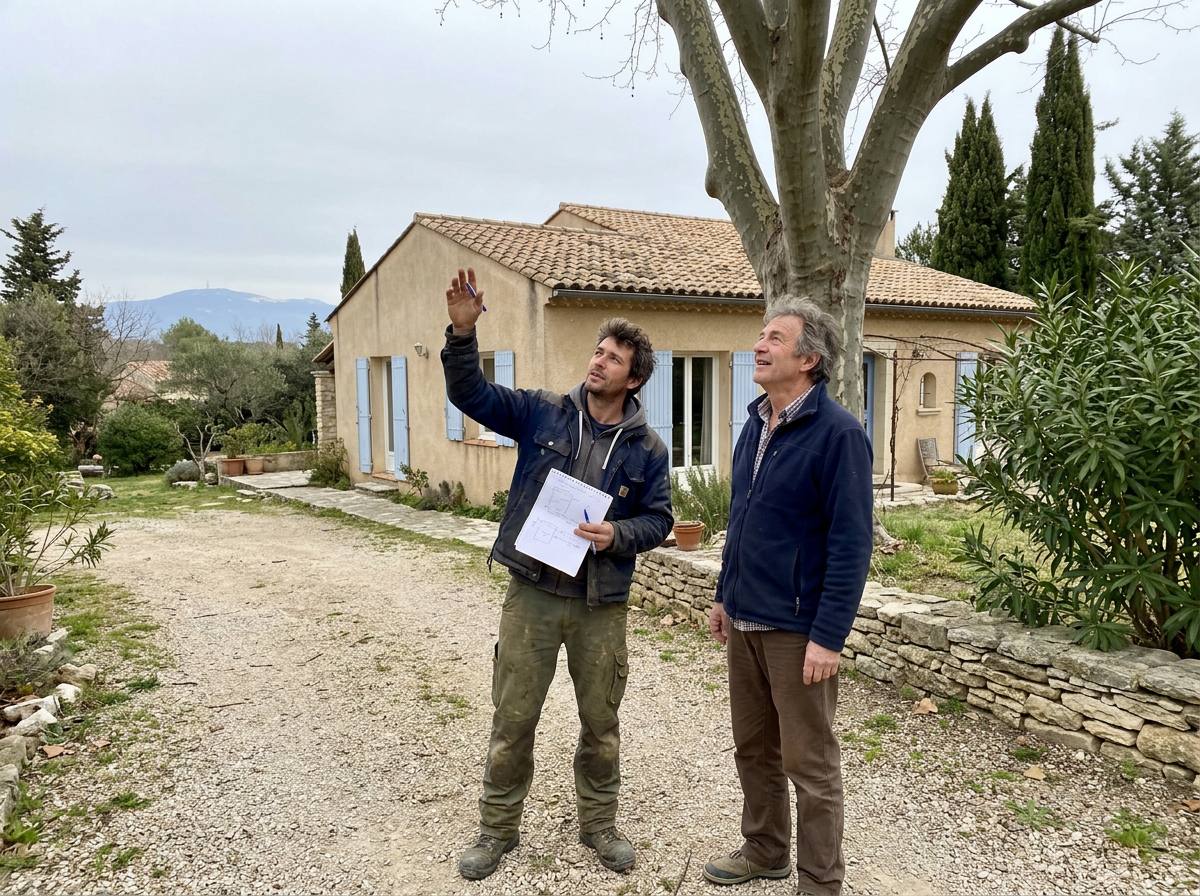 L'élagueur conseille un propriétaire dans son jardin